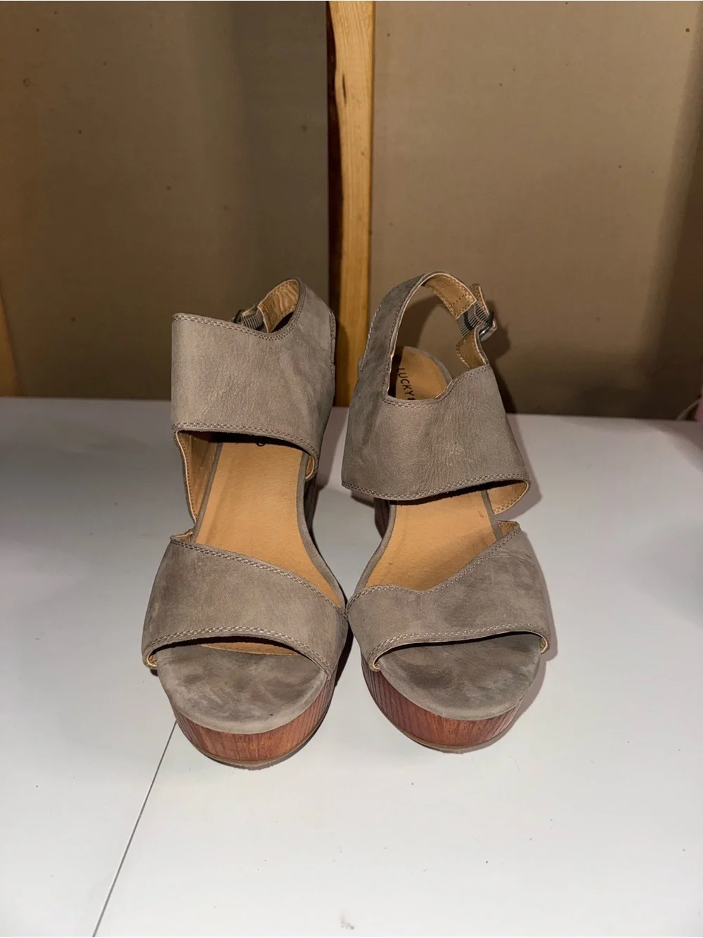Lucky Brand Taupe Suede Wedge Sandals with Wooden Platform